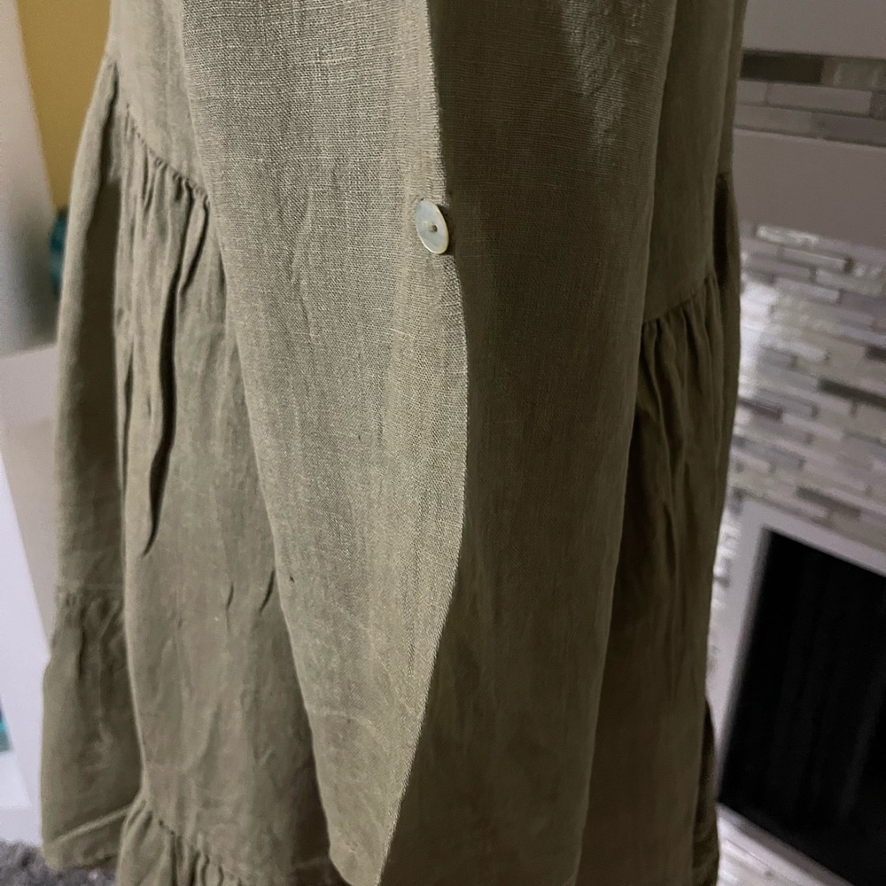 Bellambra Olive 100% linen V-Neck Tiered Dress size L - Picture 3 of 7